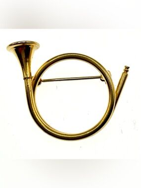 Vintage Napier Gold Tone Horn Bugle Brooch Signed Figural Pin Mid Century